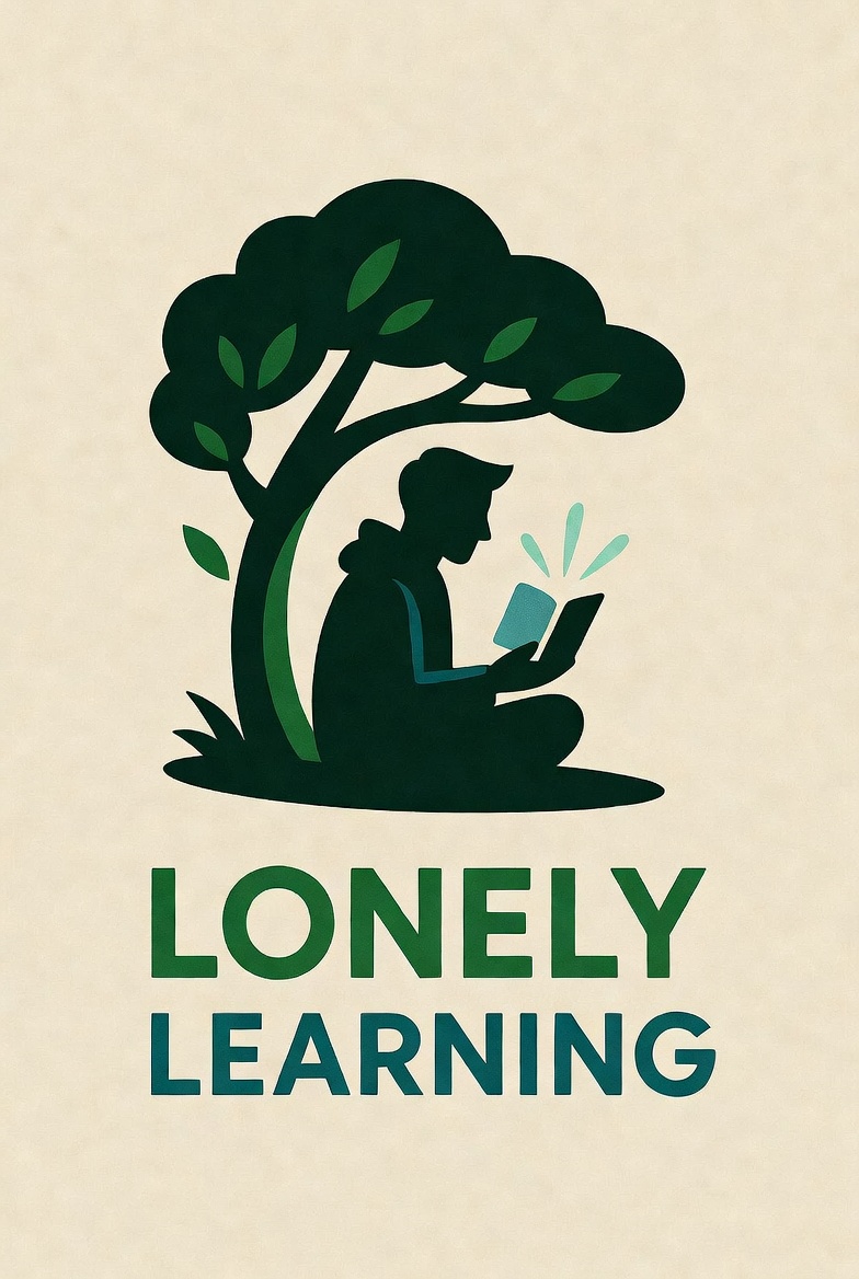 Lonely Learning logo: a figure reading under a tree, deep green and teal on cream parchment